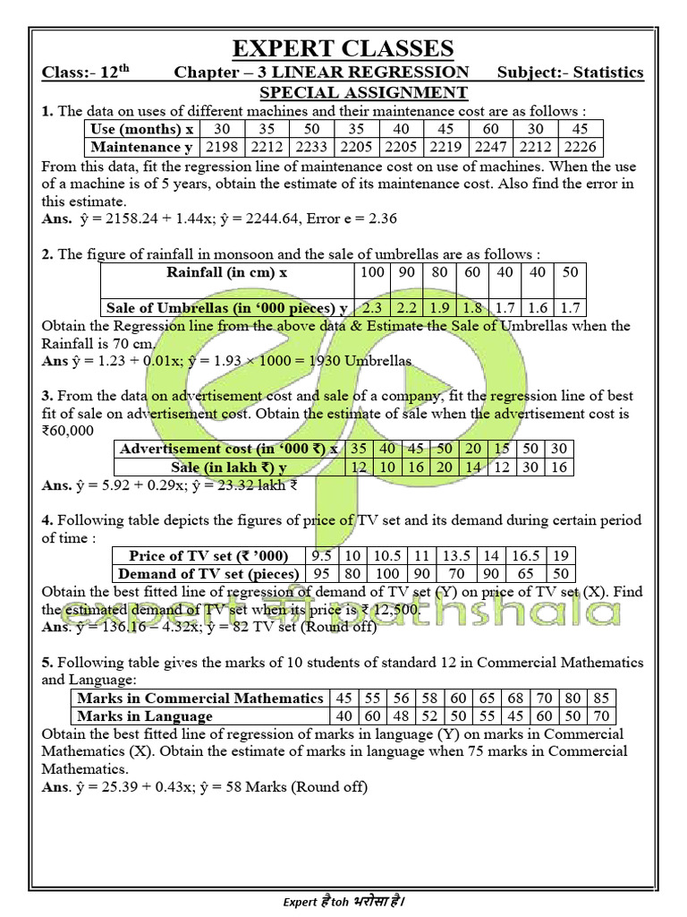 Linear Regression Assignments for 12th Grade | PDF