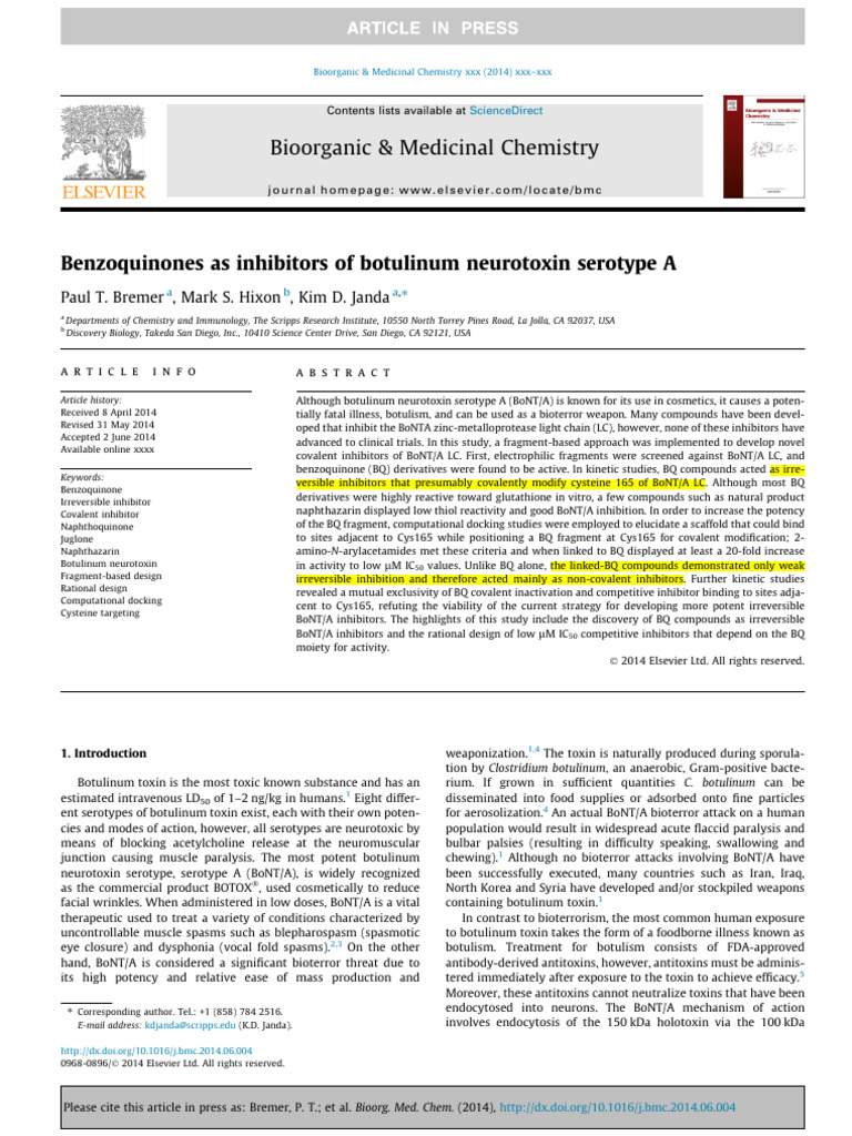 Benzoquinones Inhibit Botulinum Toxin A | PDF | Enzyme Inhibitor ...
