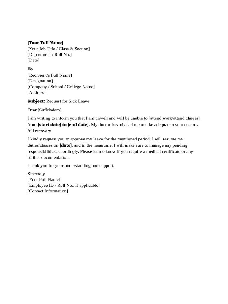 Sick Leave Request Letter Template | PDF