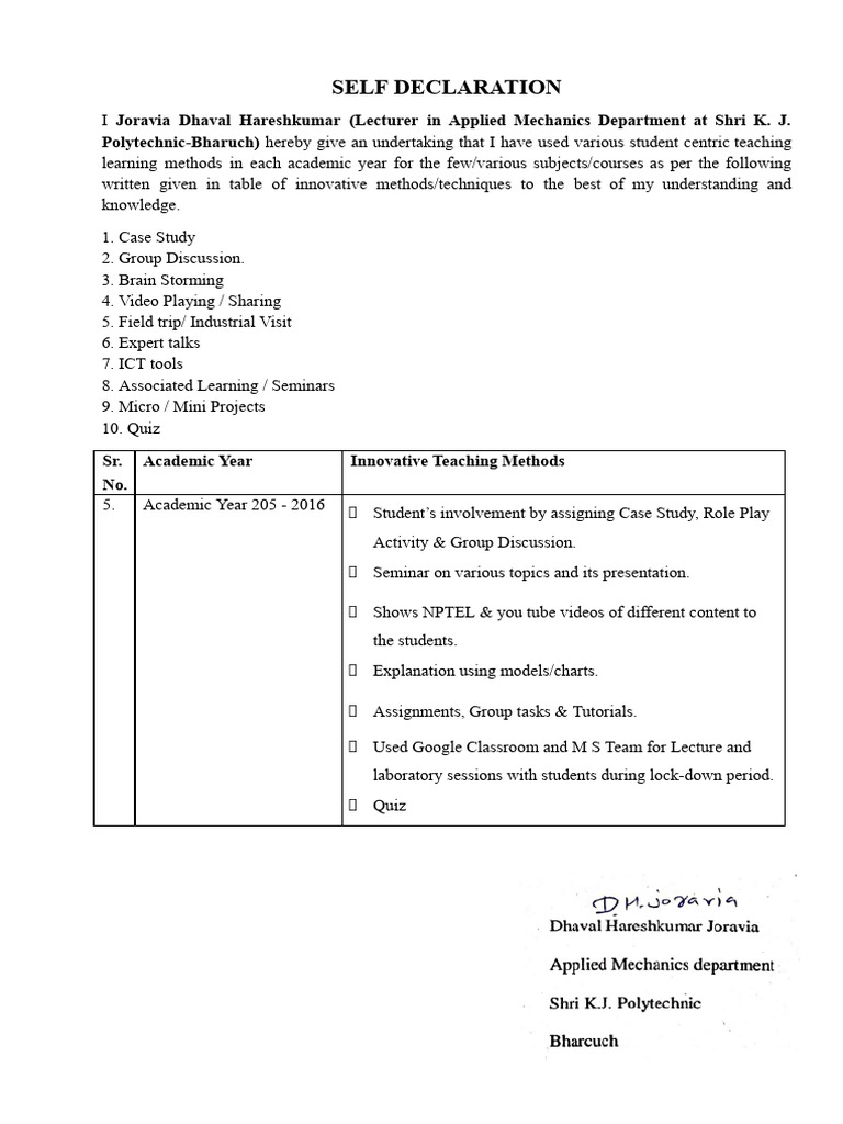 Self Declaration For Innovative Teaching 1 NEW 15 | PDF