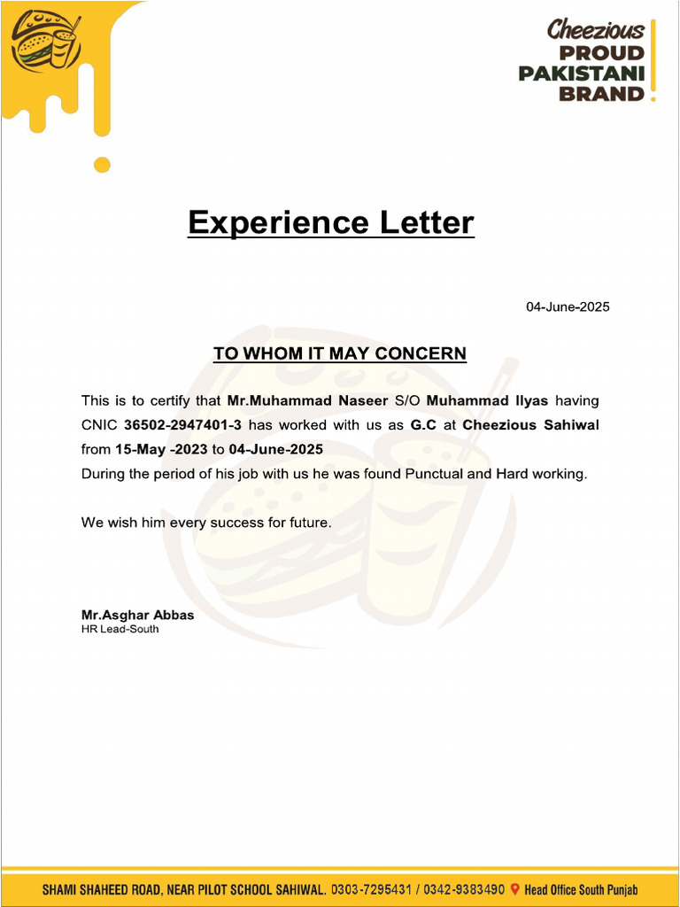 Cheezious - Experience Letter | PDF