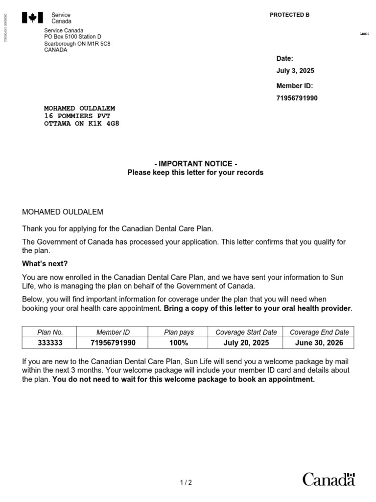 Canadian Dental Care Plan Enrollment Confirmation | PDF | Social Programs