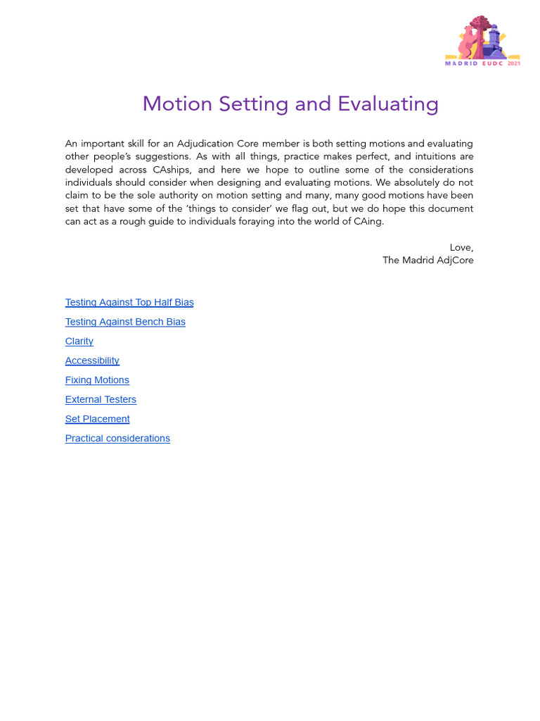 Motion Setting and Evaluation Guide | PDF