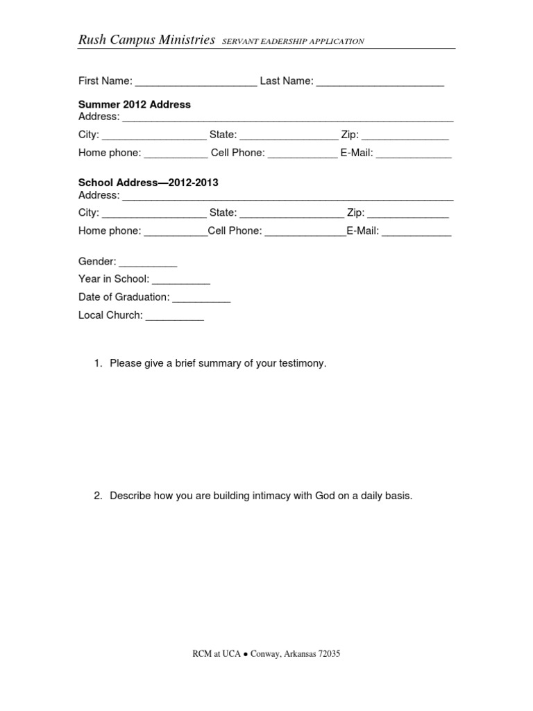 RCM Servant Leadership Application Form | PDF | Religion And Belief