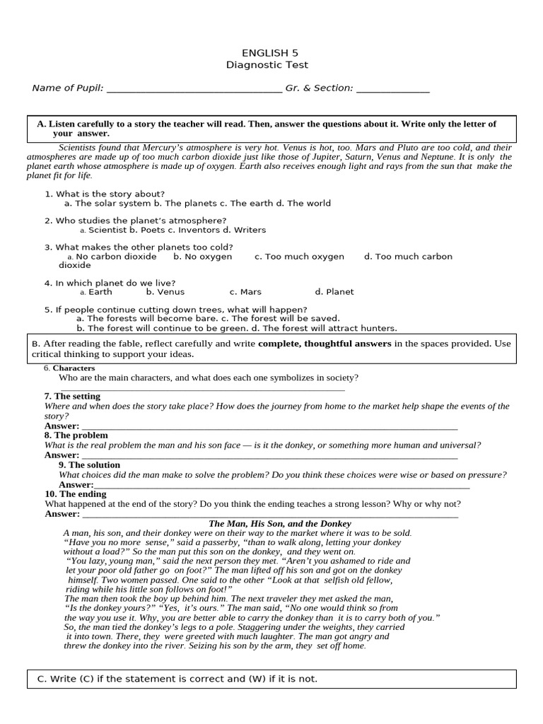 English Diagnostic Test for Beginners | PDF | Planets | Atmosphere