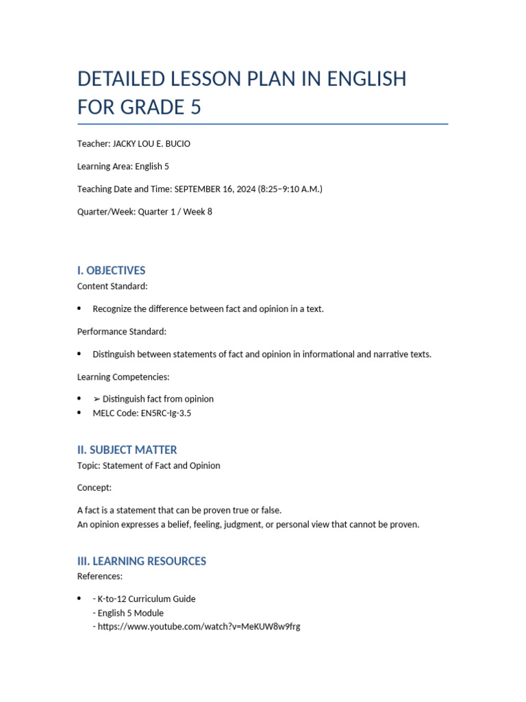 Fact vs. Opinion Lesson Plan for Grade 5 | PDF