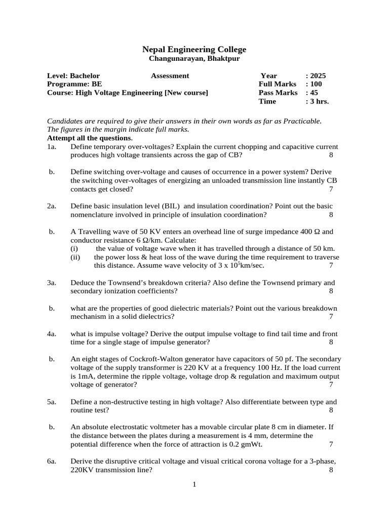 High Voltage Engineering Exam 2025 | PDF | Voltage | Electrical Breakdown