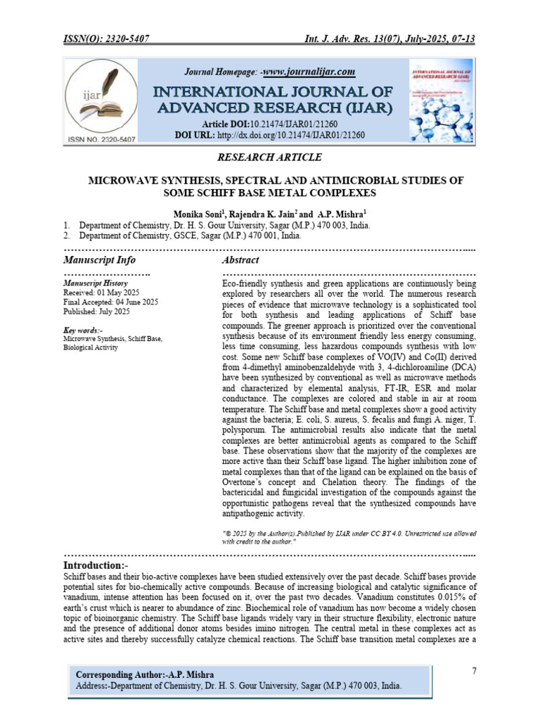Microwave Synthesis of Schiff Base Complexes | PDF | Coordination ...