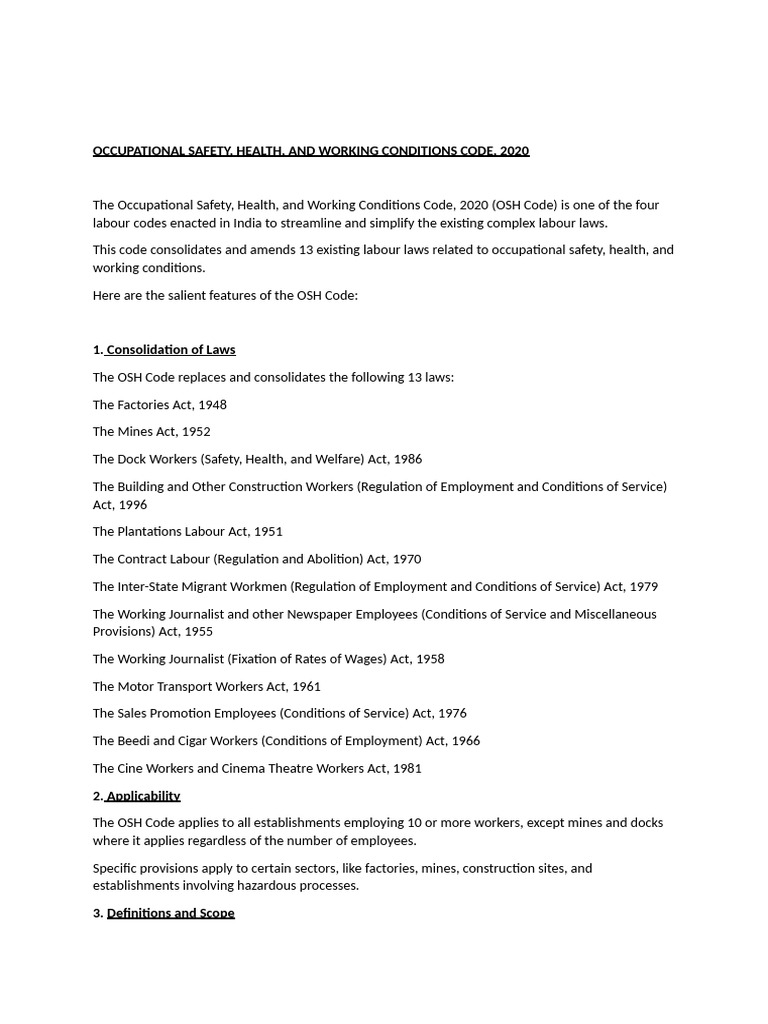 OSH Code 2020: Key Features and Provisions | PDF | Occupational Safety ...