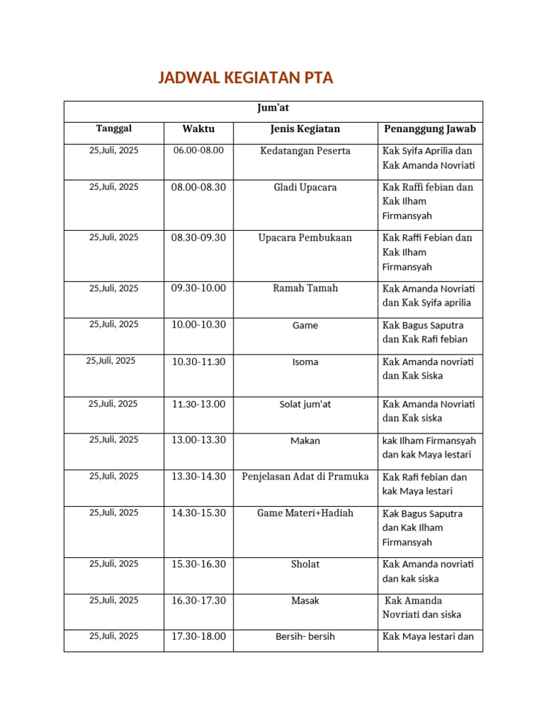 Jadwal Kegiatan PTA 2025 | PDF