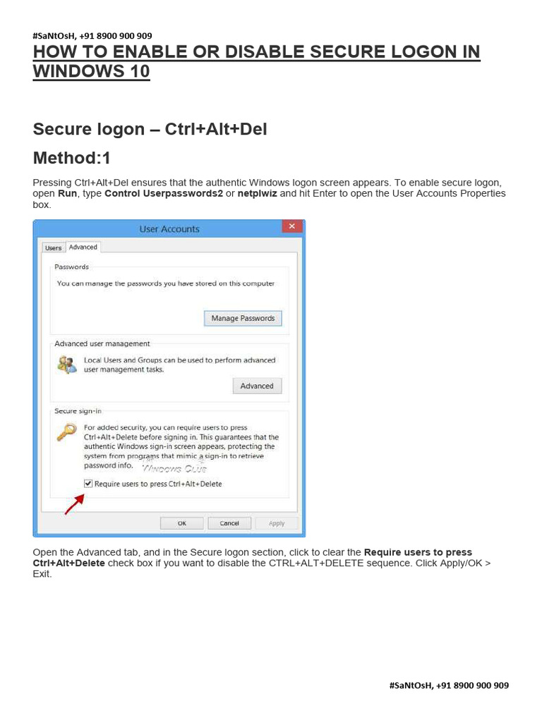 Enable/Disable Secure Logon in Windows 10 | PDF