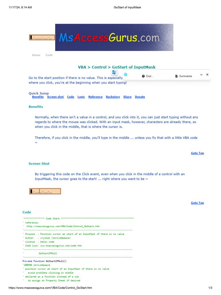 VBA Code for InputMask Cursor Control | PDF | Visual Basic For ...
