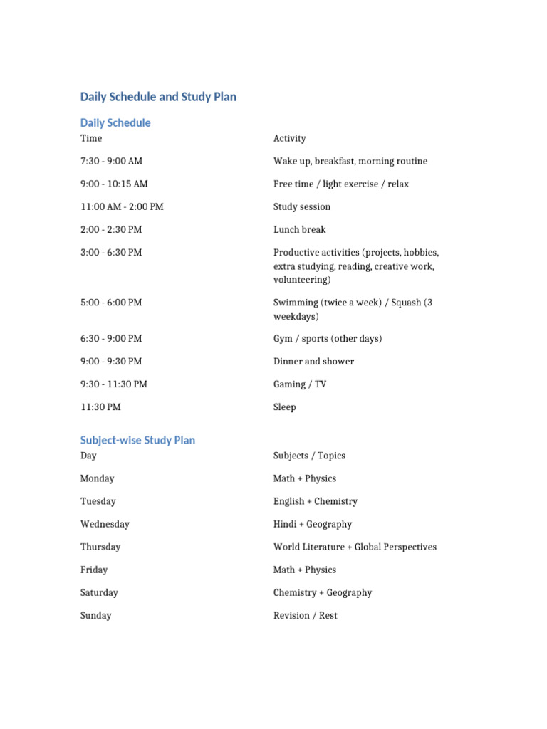 Daily Schedule and Study Plan | PDF