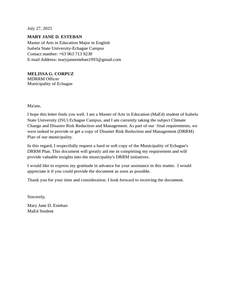 Request for Echague DRRM Plan Document | PDF