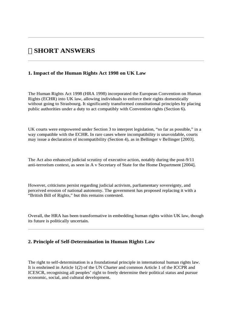 Short Answers: 1. Impact of The Human Rights Act 1998 On UK Law | PDF ...