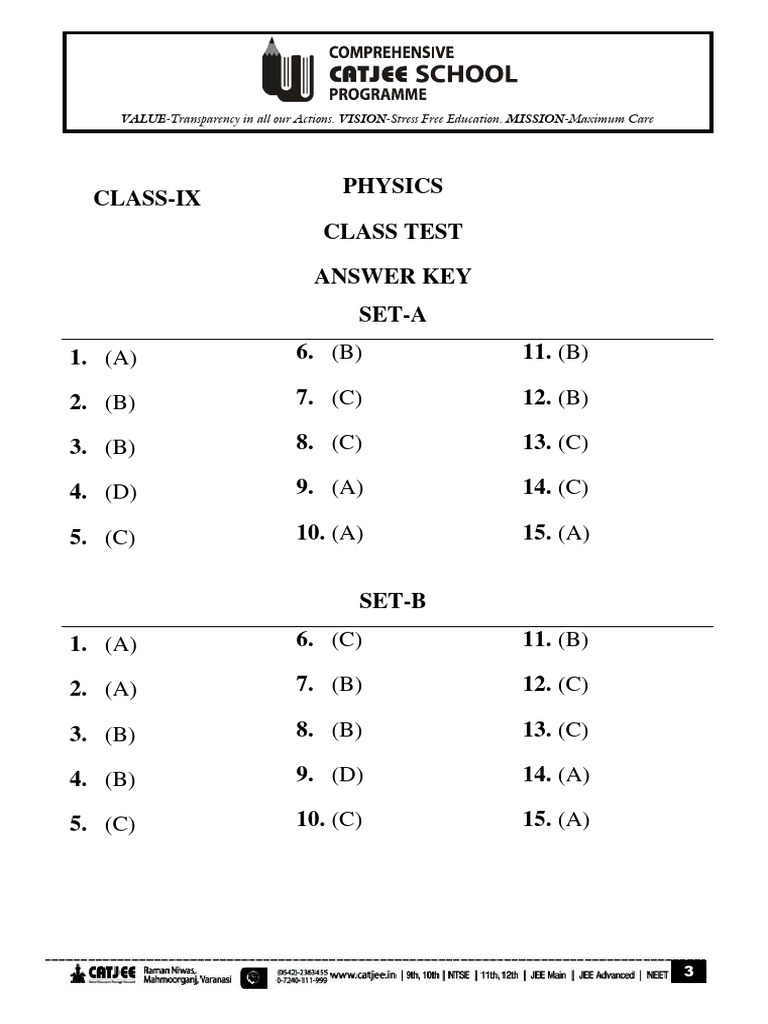 Physics Class Test (Class-9th) 18-07-2025 (Set-A & B) Answer Key | PDF