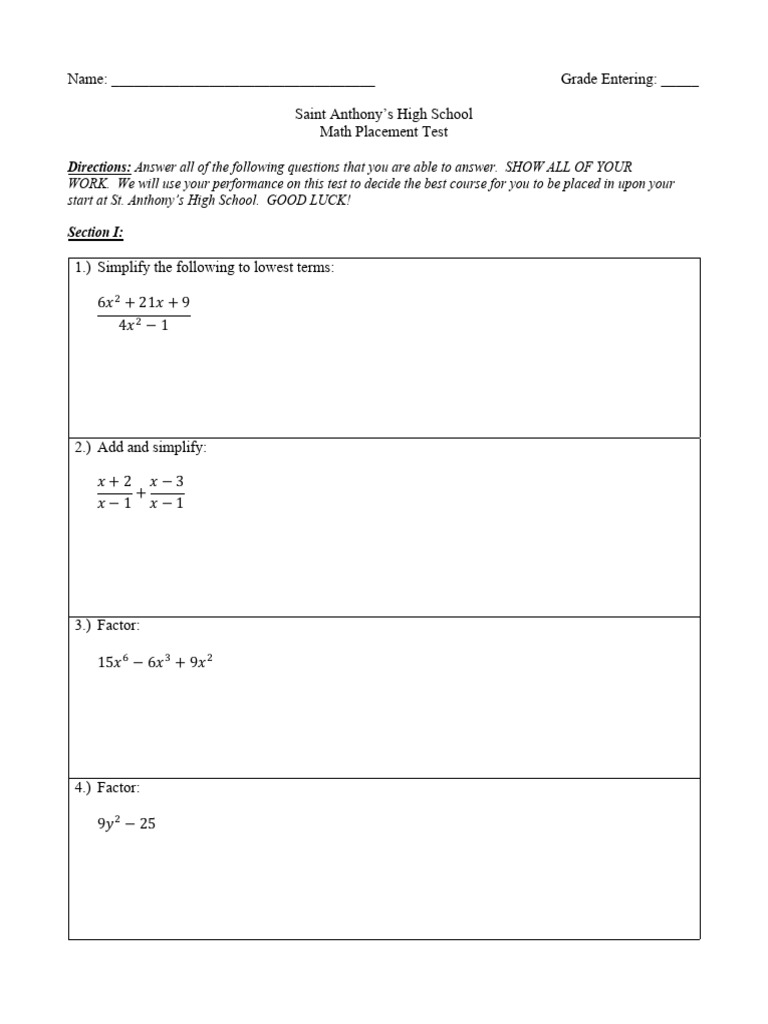 Math Placement Test for Saint Anthony's | PDF | Mathematical Analysis ...