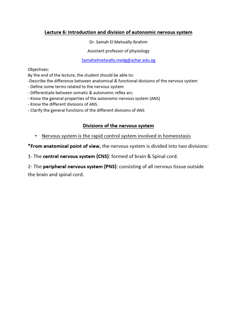 Lecture 6: Introduction and Division of Autonomic Nervous System | PDF ...