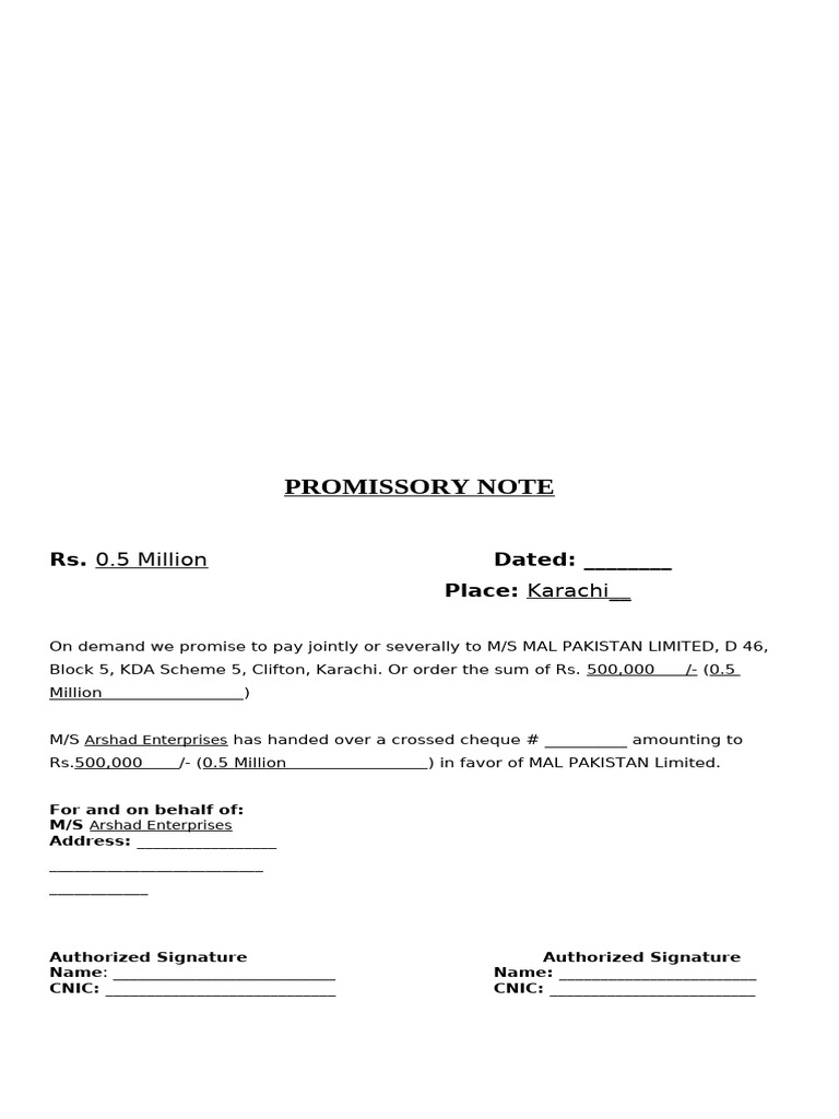 Promissory Note Template Pakistan | PDF