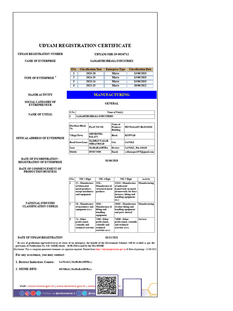 Udyam Registration for Samarthchhaya Industries | PDF