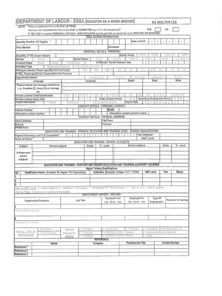 Dpt. Labour Work Seeker Form | PDF