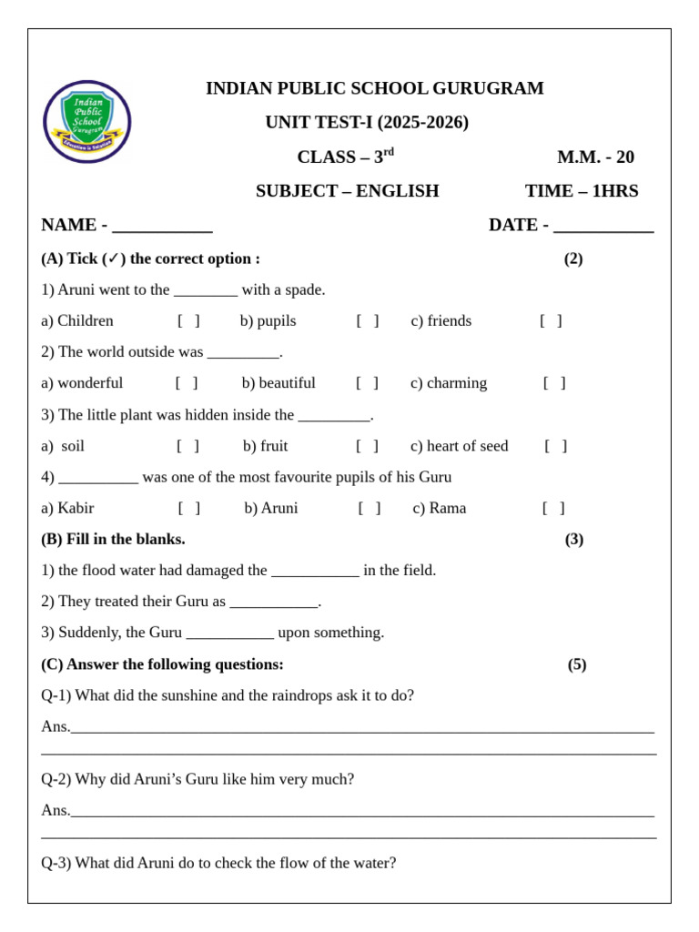 Class 3 English Unit Test I 2025 | PDF | Linguistics | Language Families