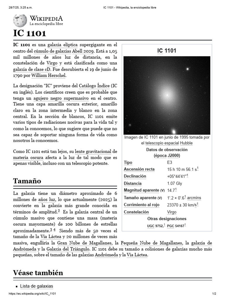 IC 1101: La Galaxia Más Grande Conocida | PDF | Regiones del cielo ...