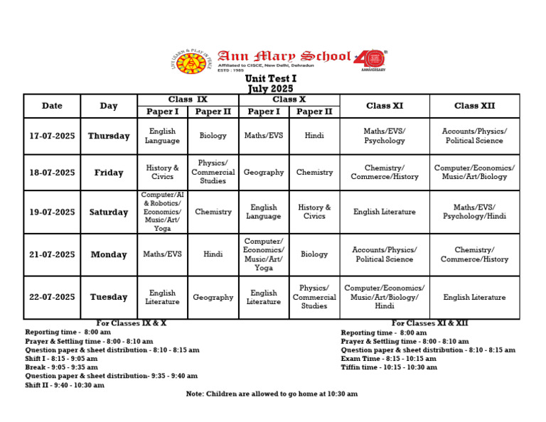 July 2025 Unit Test Schedule for Classes IX-XII | PDF