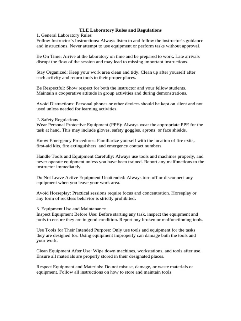 TLE Laboratory Rules and Safety Guidelines | PDF | Waste | Laboratories