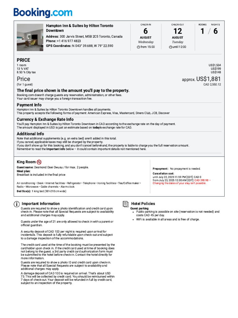 Hampton Inn Toronto Downtown Booking Info | PDF | Credit Card | Payments