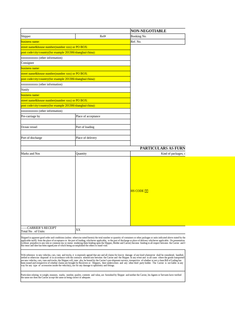 Non-Negotiable Bill of Lading Template | PDF | Bill Of Lading | Cargo