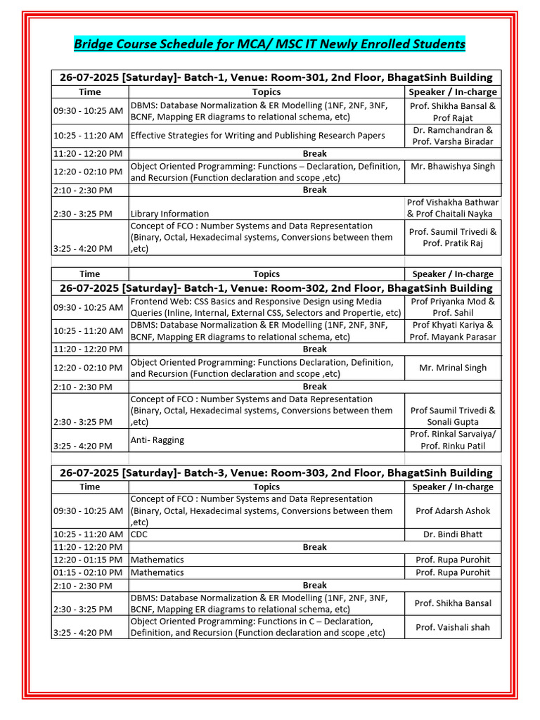 Bridge Course Schedule For MCA-MScIT - 26-07-25 - Saturday | PDF ...
