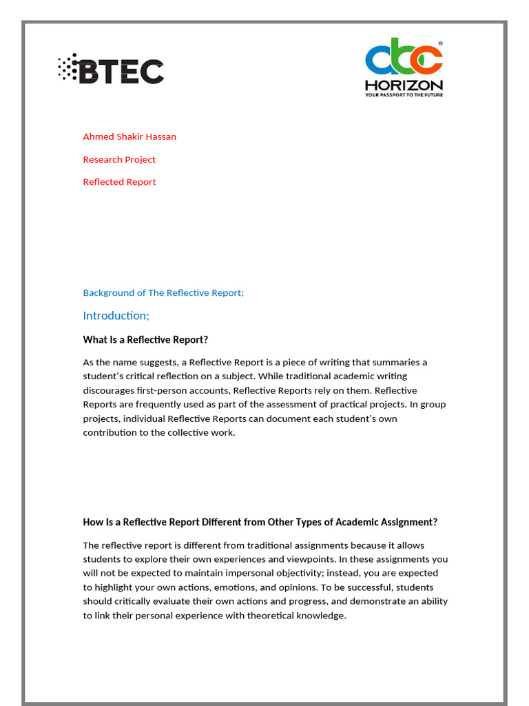 Ahmed Shakir Hassan Research Project Reflected Report: Introduction ...