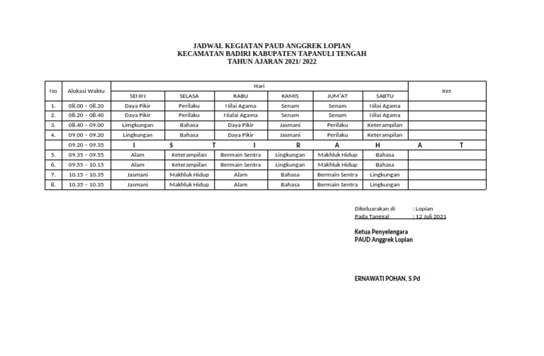 Jadwal Kegiatan PAUD Anggrek Lopian | PDF