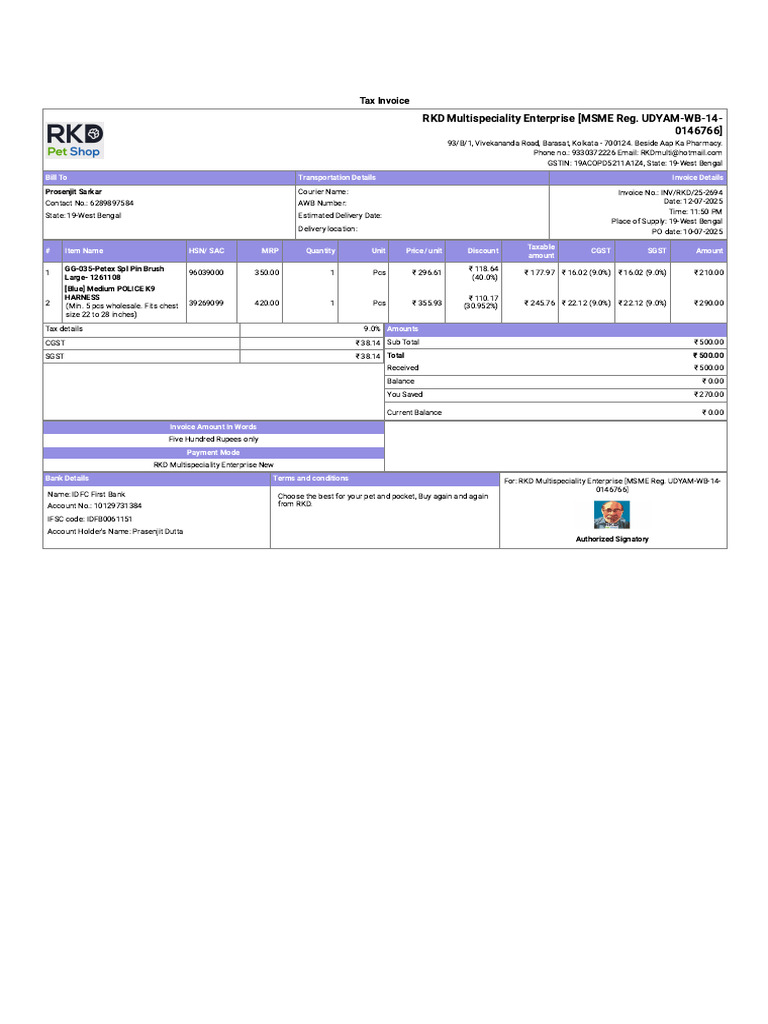 Prosenjit Sarkar - INV RKD 25-2694 - 12!07!2025 | PDF | Economy Of ...