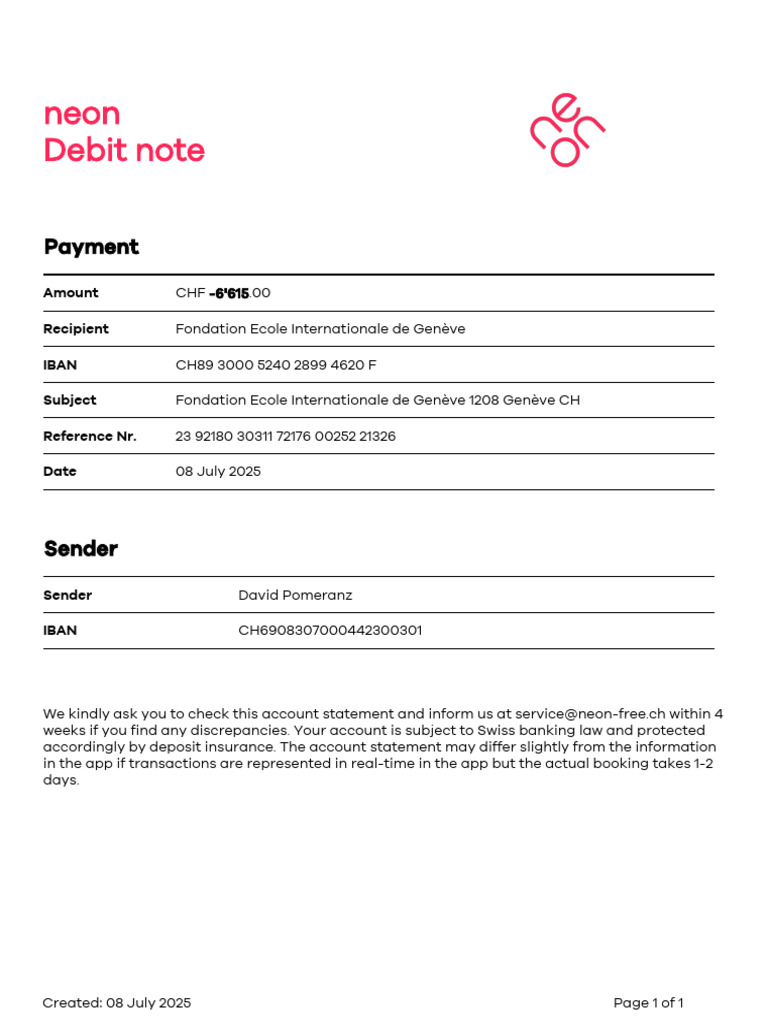 Debit Note for Fondation Ecole Internationale | PDF
