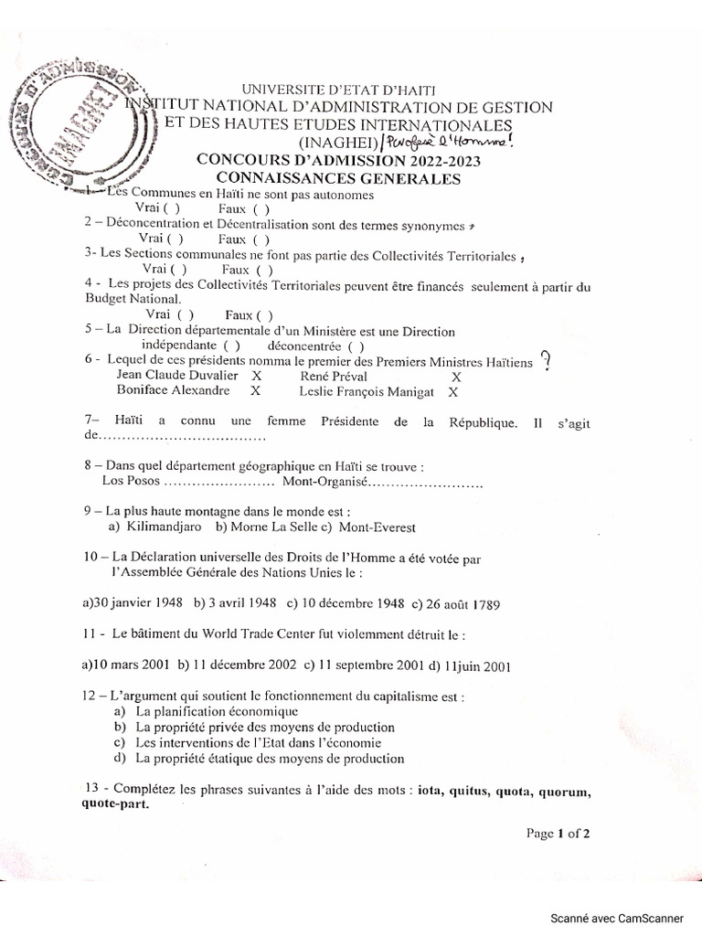 INAGHEI, Concours de Connaissances Générales, 2022-2023 | PDF