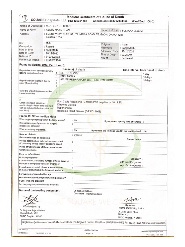 Medical Certificate of Cause of Death | PDF