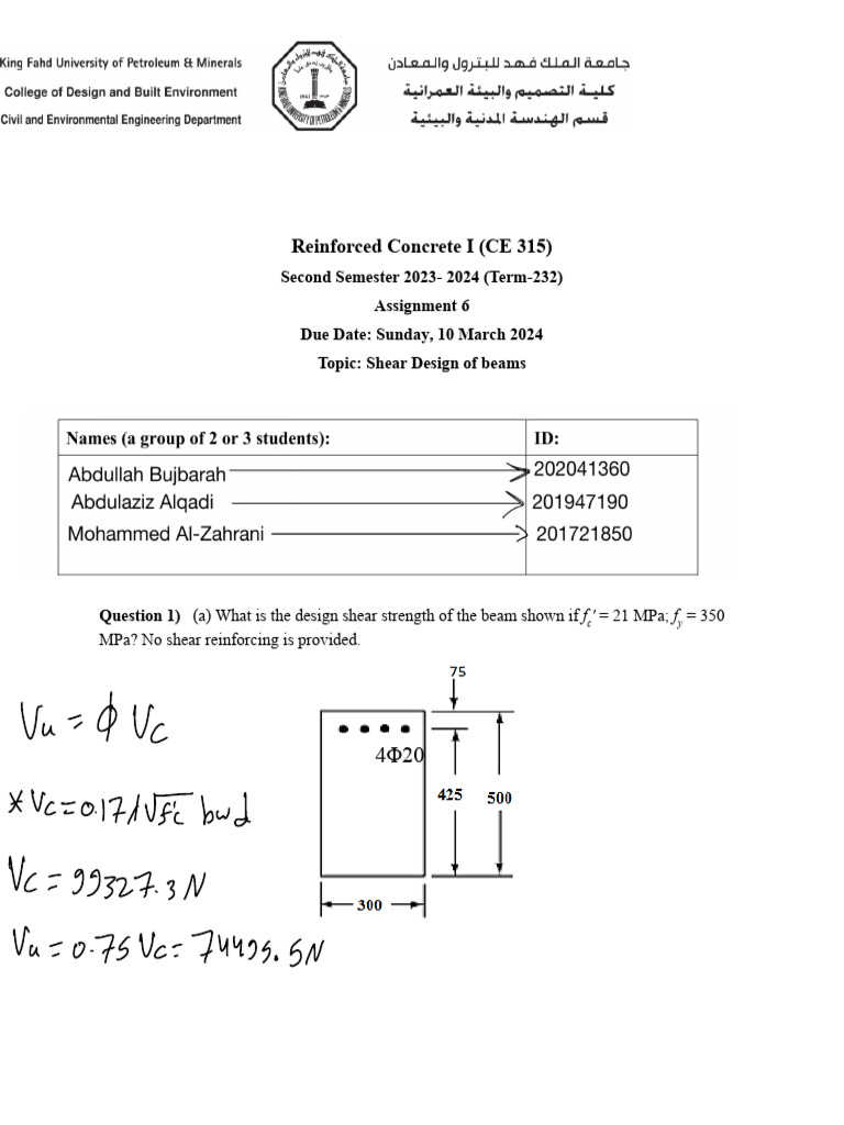 CE 315 Assignment 6 Term 232 | PDF | Structural Engineering ...