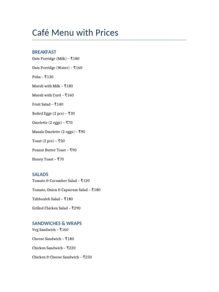 Café Menu and Price List | PDF