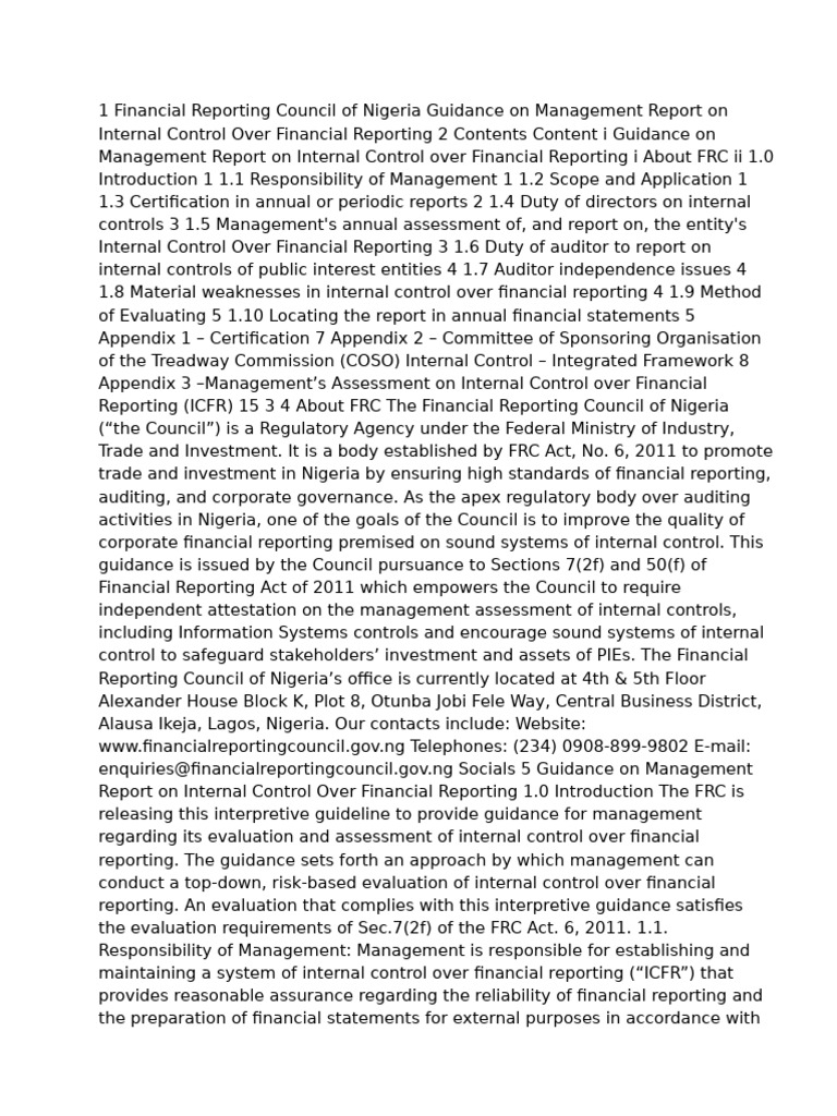 FRC Guidelines on ICFR Reporting in Nigeria | PDF | Internal Control ...