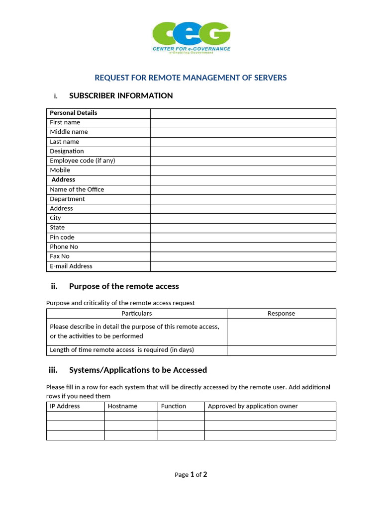 Remote Server Management Request Form | PDF