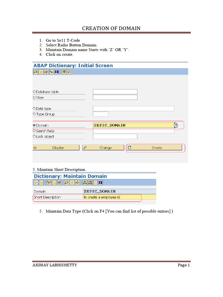 Domain Creation in Se11 T-Code Guide | PDF