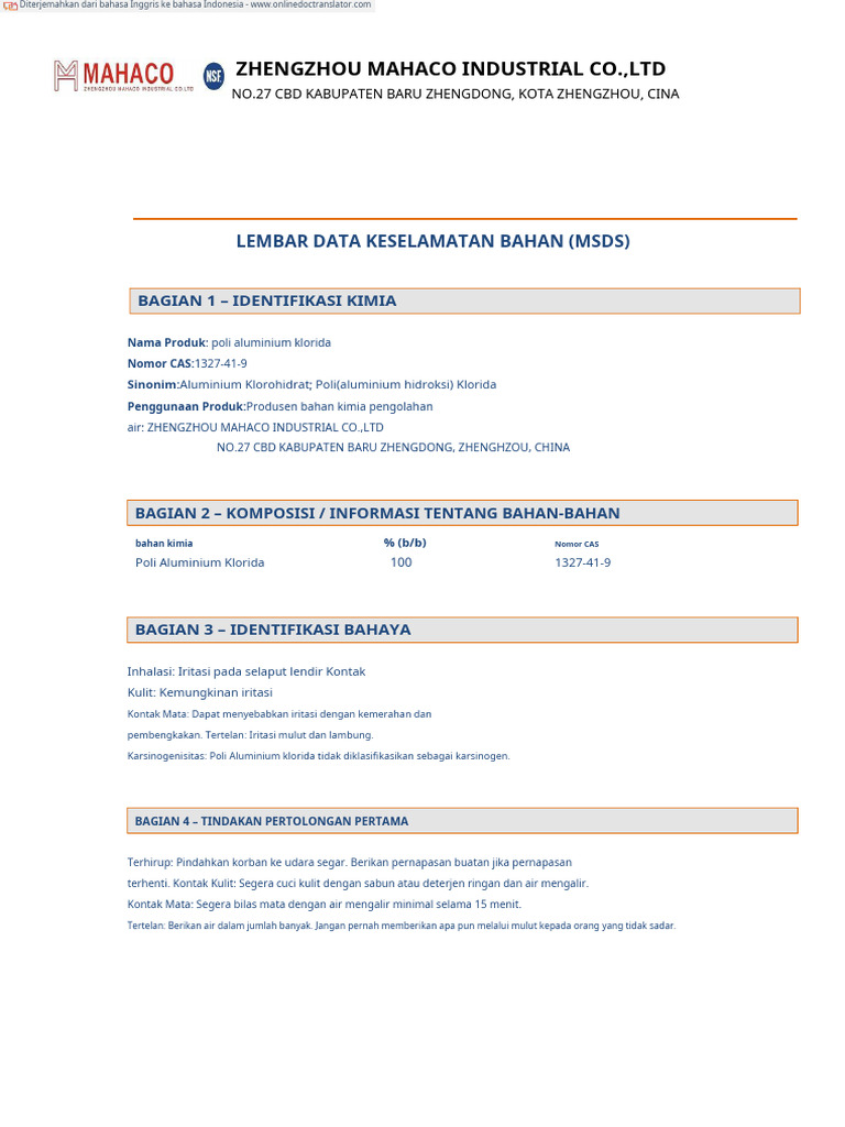 MSDS Poli Aluminium Klorida Zhengzhou | PDF