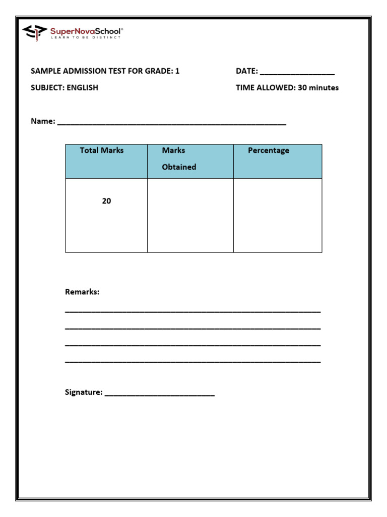 Grade 1 English Admission Test Sample | PDF | English Language | Languages