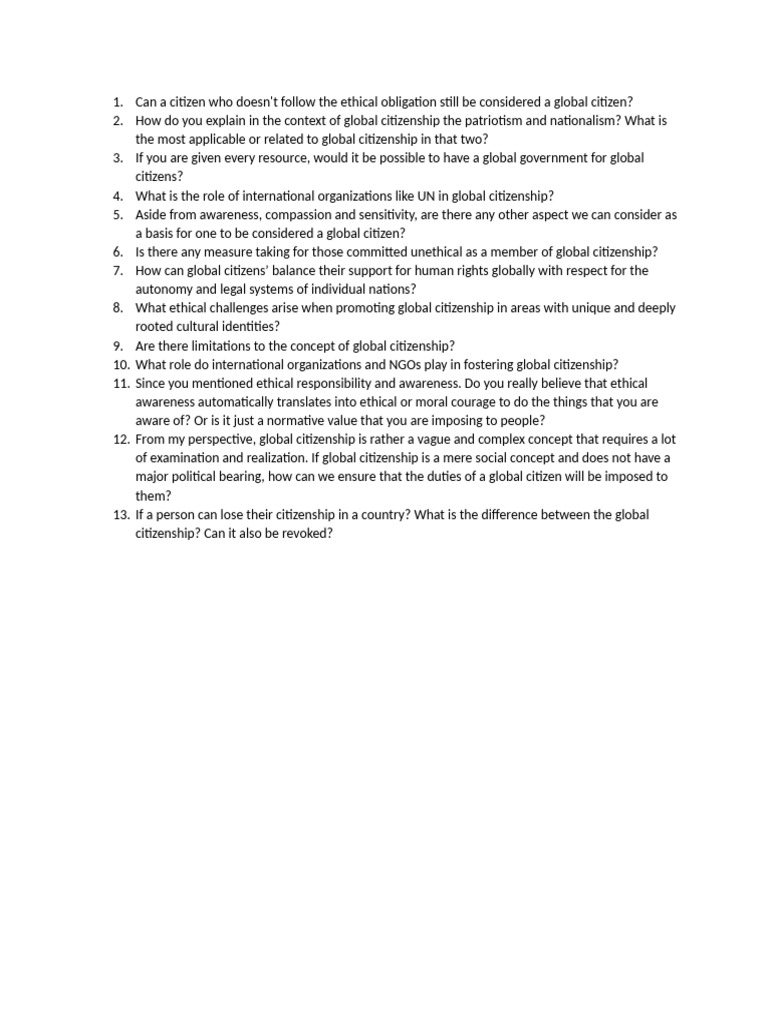 Questions For Global Citizenship | PDF