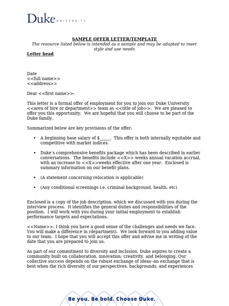 Duke Employment Offer Letter Template | PDF | Employment | Business