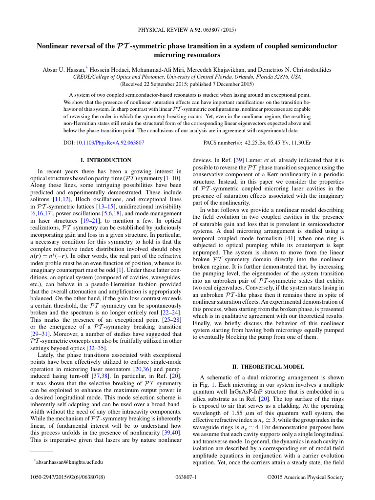 Nonlinear PT-Symmetry in Microring Lasers | PDF | Waves | Optics