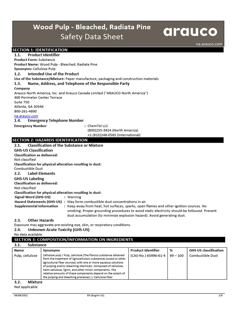 Wood Pulp Safety Data Sheet | PDF | Firefighting | Personal Protective ...