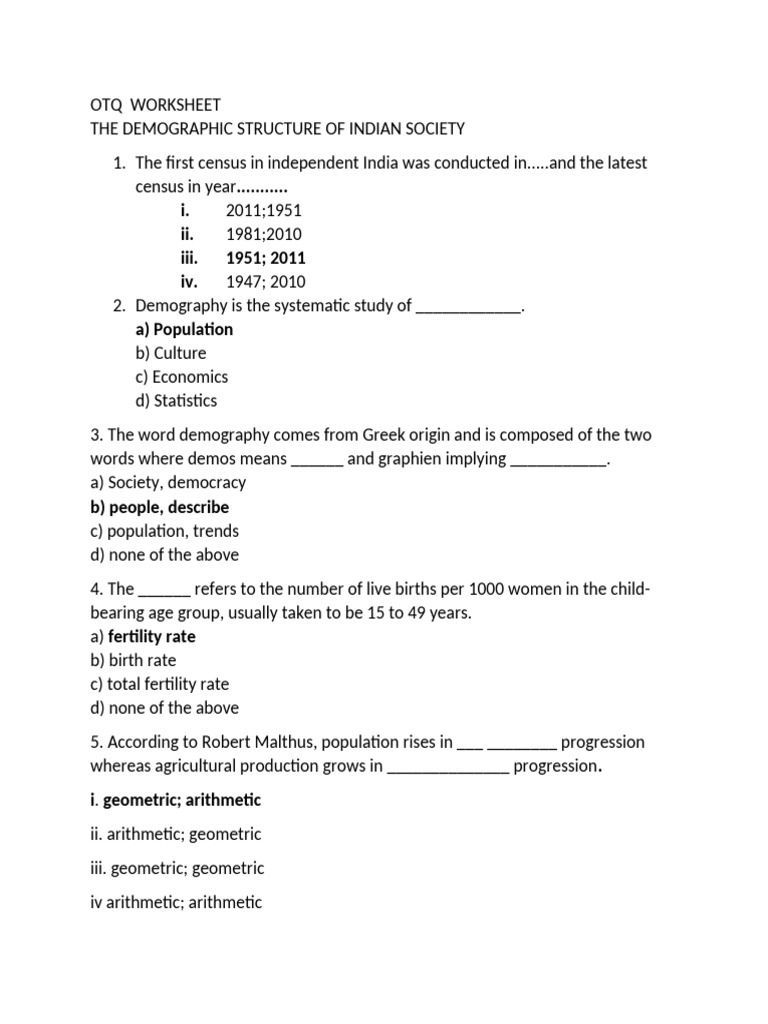 Indian Demographic Structure Quiz Worksheet | PDF | Total Fertility ...